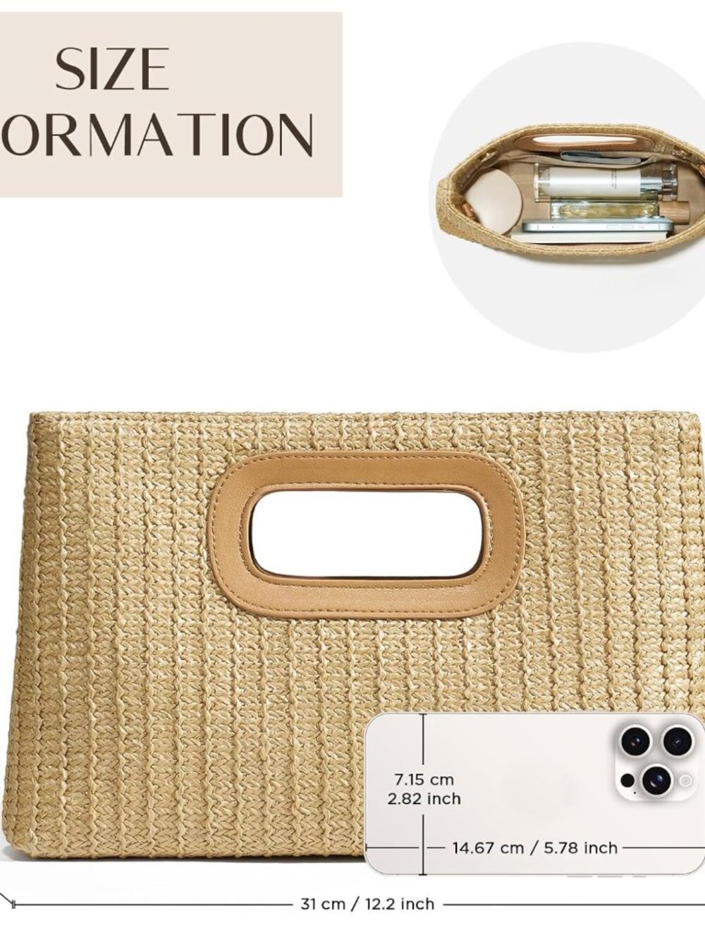 Chic Straw Clutch Purses for Women with Top Handle Summer Bag, Ideal Vacation Ha - Picture 4 of 6